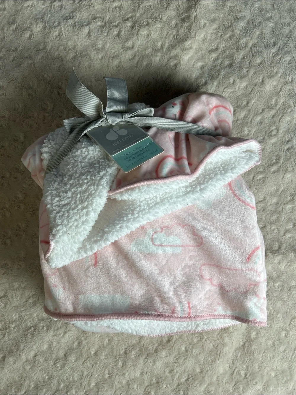 Just Born Pink Unicorn Rainbow Baby Blanket White Sherpa Clouds Security Lovey